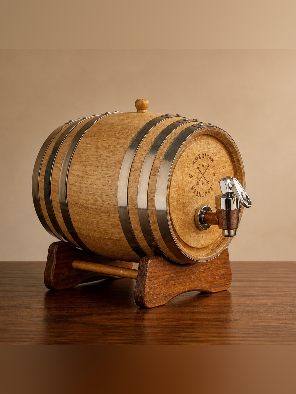 American Vintage Style Wood Barrel Whiskey Dispenser NEW